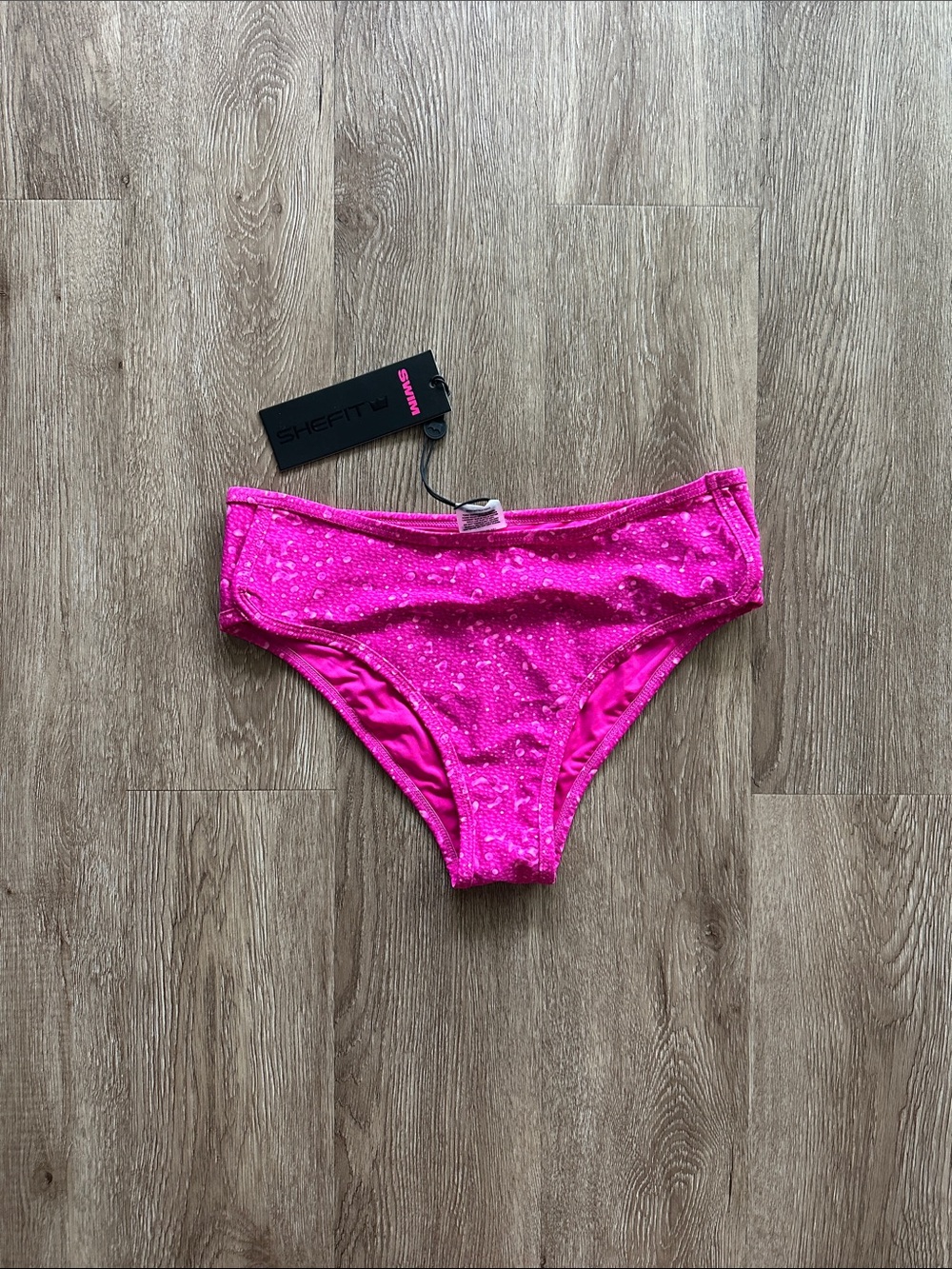 NWT SHEFIT Hipster Bikini Bottom Hot‎ Pink Splash Luxe/Large Mid Rise Cheeky